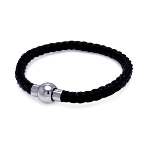 Stainless Steel Black Leather Magnet Lock Bracelet