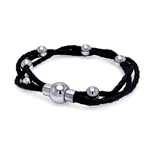 Stainless Steel Multiple Leather Strand & Bead Bangle Lock Bracelet