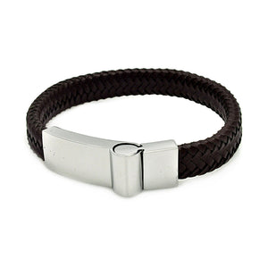 Stainless Steel Brown Leather Magnet Lock Bracelet