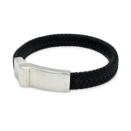 Stainless Steel Black Leather Magnet Lock Bracelet