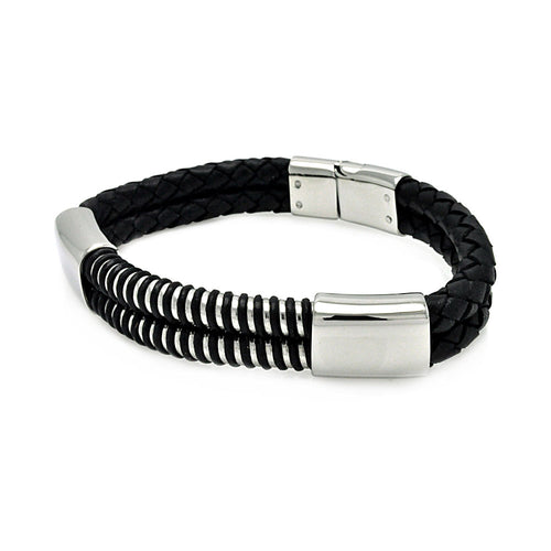 Stainless Steel Black Leather Bracelet