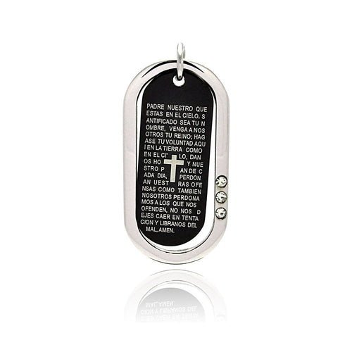 Stainless Steel Black Rhodium Plated Two Tone Prayer Dog Tag Clear Cubic Zirconia Charm Pendant