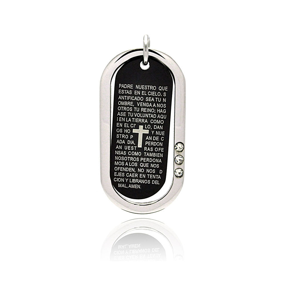 Stainless Steel Black Rhodium Plated Two Tone Prayer Dog Tag Clear Cubic Zirconia Charm Pendant