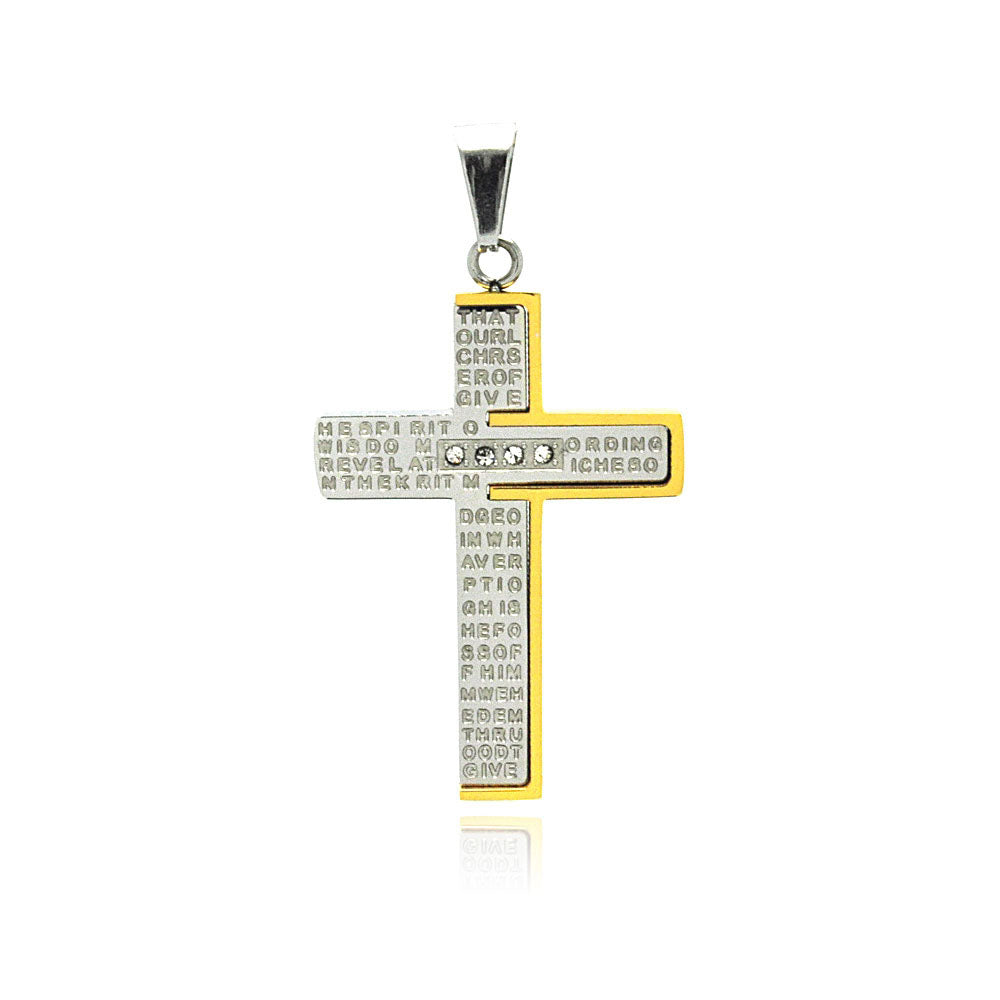 Stainless Steel Gold Plated Two Tone Cross Prayer Clear Cubic Zirconia Charm Pendant