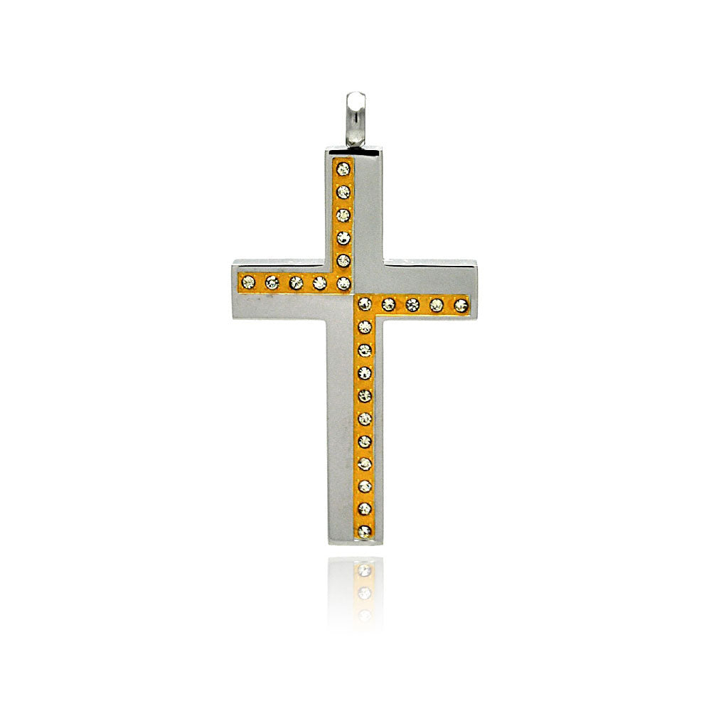 Stainless Steel Gold Plated Two Tone Cross Clear Cubic Zirconia Charm Pendant