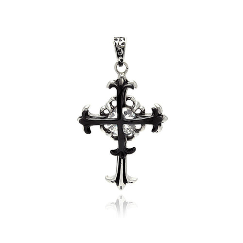 Stainless Steel Black Rhodium Plated Two Tone Double Cross Charm Pendant