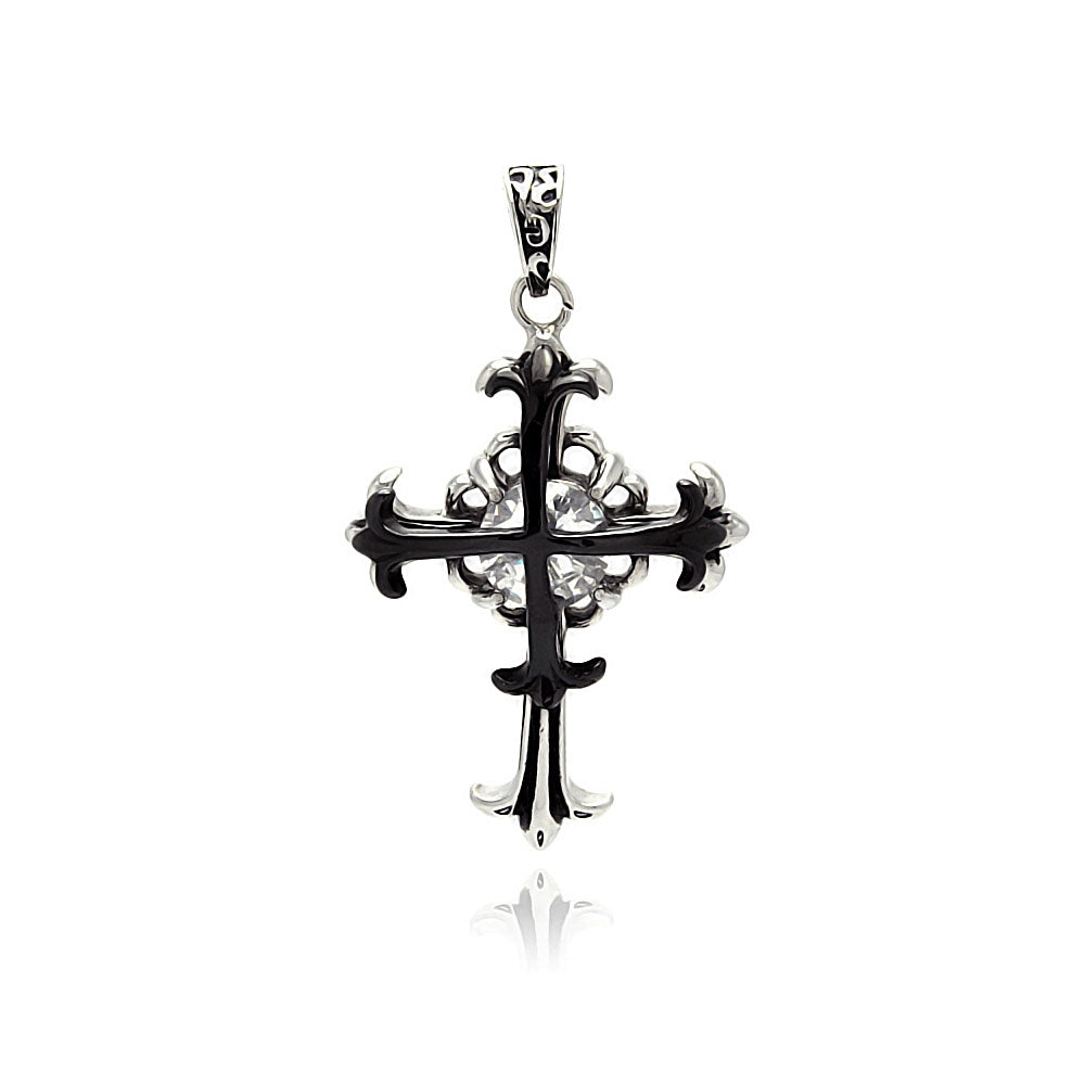 Stainless Steel Black Rhodium Plated Two Tone Double Cross Charm Pendant