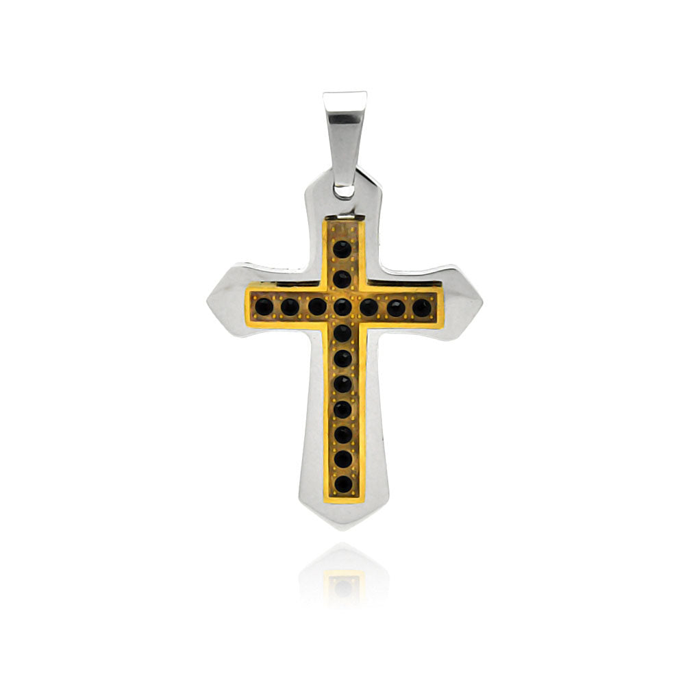 Stainless Steel Gold Plated Two Tone Double Cross Black Cubic Zirconia Charm Pendant