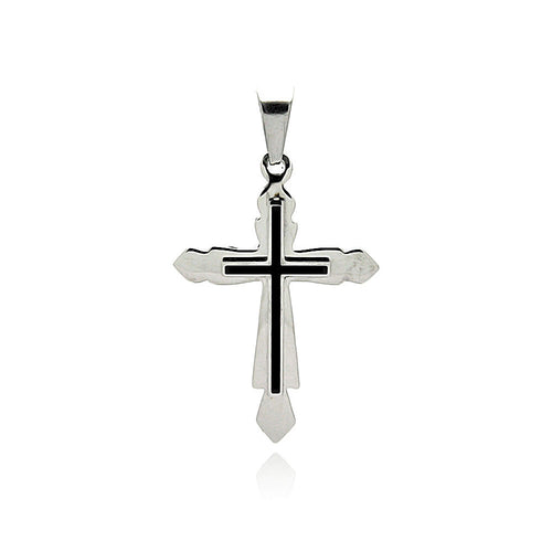 Stainless Steel Black Enamel Center Double Cross Charm Pendant