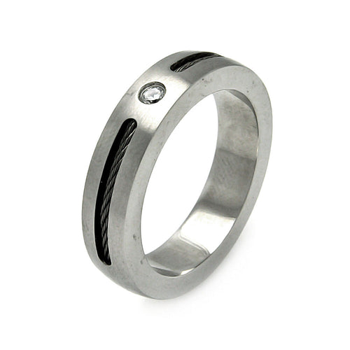 Men's Stainless Steel Cable Clear Cubic Zirconia Center Ring