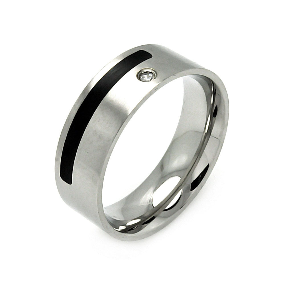 Men's Stainless Steel Black Enamel Clear Cubic Zirconia Ring