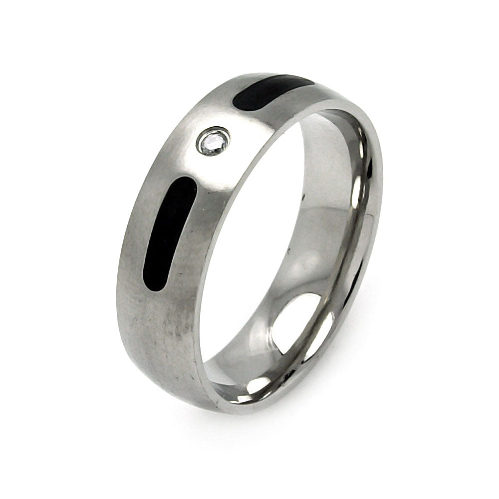 Men's Stainless Steel Black Enamel Clear Cubic Zirconia Ring