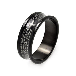 Men's Stainless Steel Black Rhodium Plated Border Padre Nuestro Ring