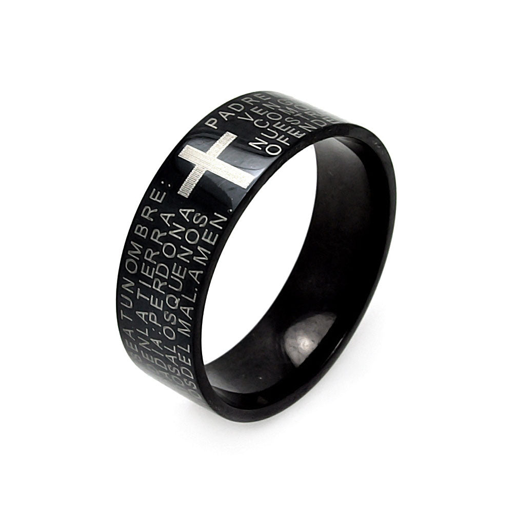 Men's Stainless Steel Black Rhodium Plated Padre Nuestro Ring