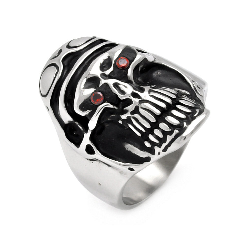 Men's Stainless Steel Pilot Skull Head Red Cubic Zirconia Ring