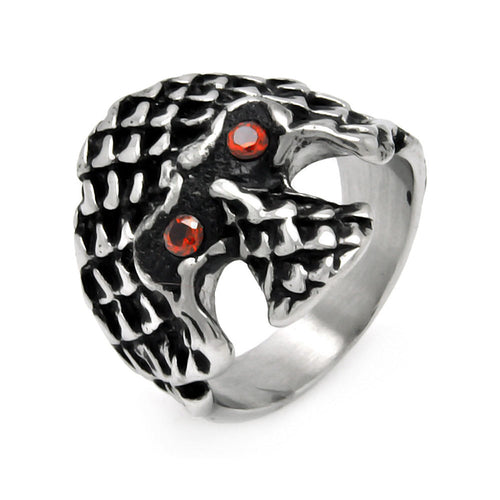 Men's Stainless Steel Scaled Skull Red Cubic Zirconia Ring