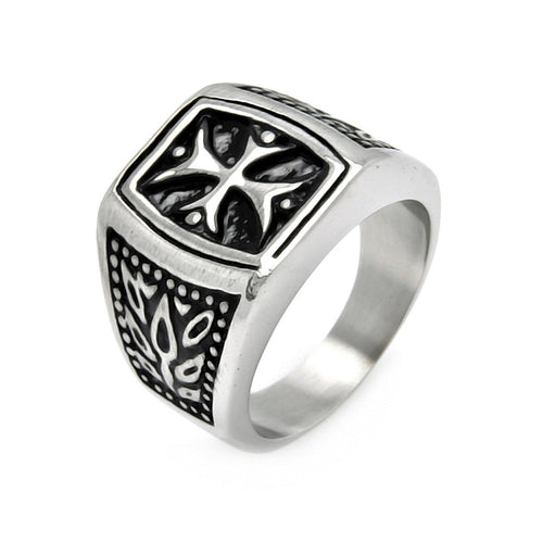 Men's Stainless Steel Cross Center Leaf Sides Ring