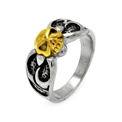 Men's Stainless Steel Gold Plated Skull Center Ring