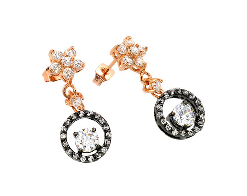 .925 Sterling Silver Rose Gold &  Black Rhodium Plated Flower Round Cubic Zirconia