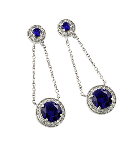 .925 Sterling Silver Rhodium Plated Round Blue Cubic Zirconia Wire Dangling Stud Earring