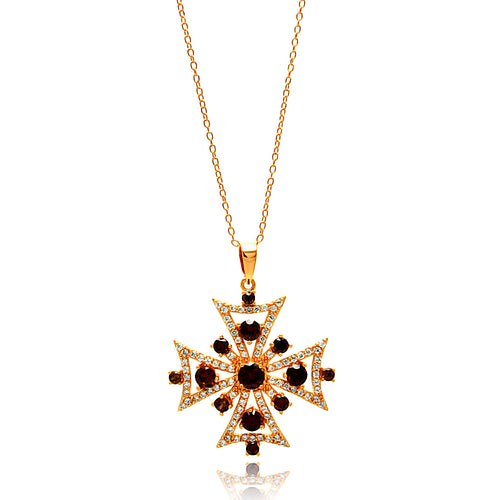 .925 Sterling Silver Rose Gold Plated Multiple Graduate Red Open Cross Cubic Zirconia