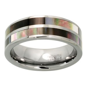 Tungsten 8 mm (5/16") Comfort Fit Striped Flat Band with 2 Rows Mother of Pearl Inlay.