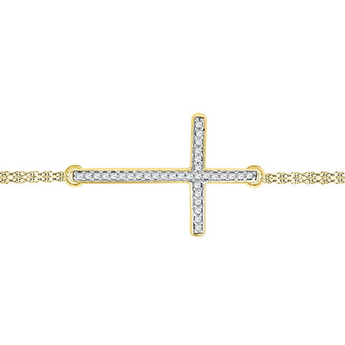 10K Yellow Gold 0.10 Ctw Diamond Fashion Cross Bracelet 7 Inch