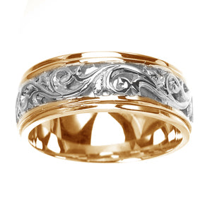 Men'S 14k Two Tone Gold Engraved Carved Handmade Wedding Band (8 Mm)