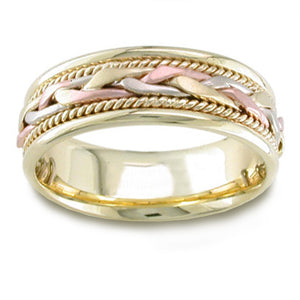 Women'S Handmade 14K Tri Colored Gold Braided Comfort-Fit Wedding Band Ring (7.00 Mm)
