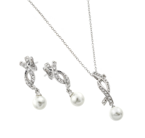 Nickel Free Rhodium Plated Sterling Silver Pearl Earrings Pendant Jewelry Set