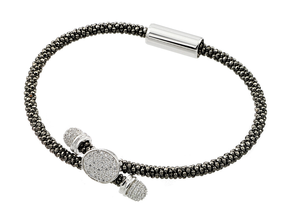 .925 Sterling Silver Rhodium & Black Rhodium Plated Circle Micro Pave Clear