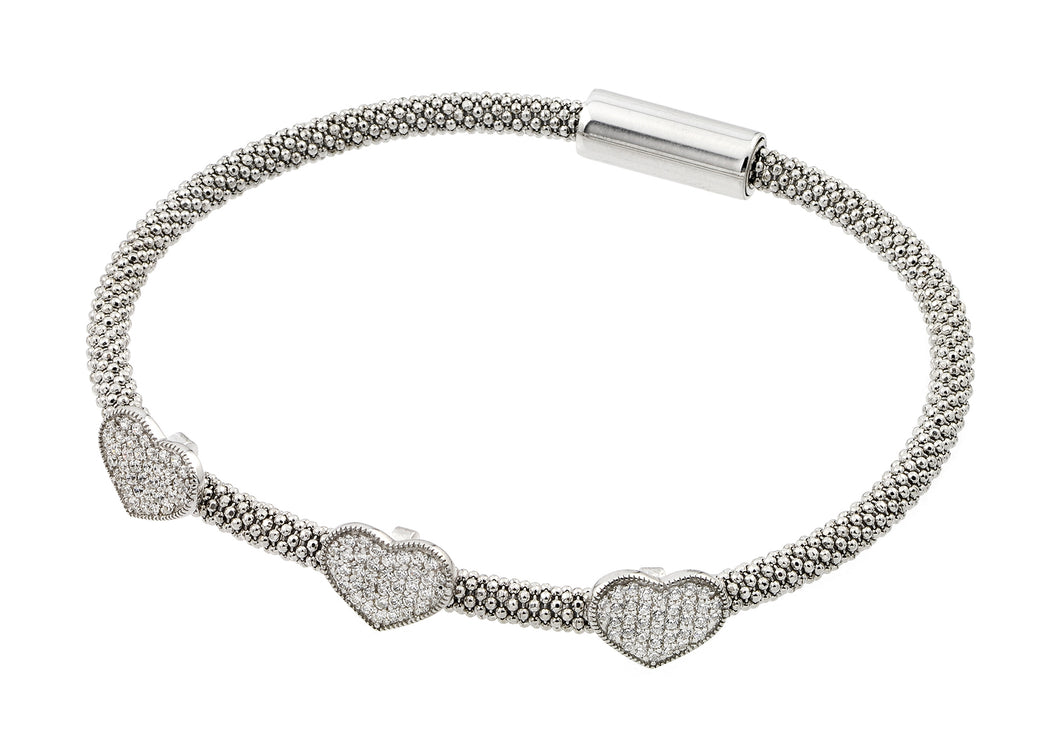 .925 Sterling Silver Rhodium Cubic Zirconia Heart Fashion Charm Bracelet 7-7.25 Inch