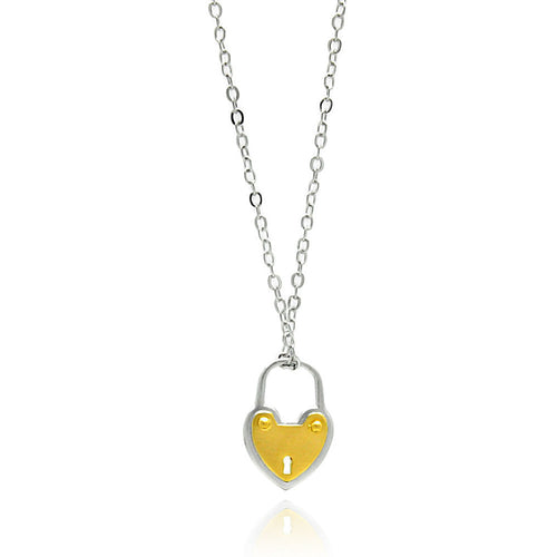Brass Cubic Zirconia Heart Pad Lock Pendant Necklace 16