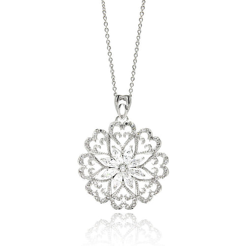 Brass Cubic Zirconia Heart Flower Pendant Necklace 16