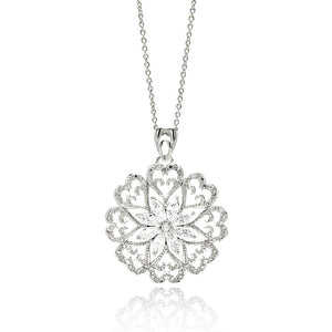 Brass Cubic Zirconia Heart Flower Pendant Necklace 16" - 18" Adjustable