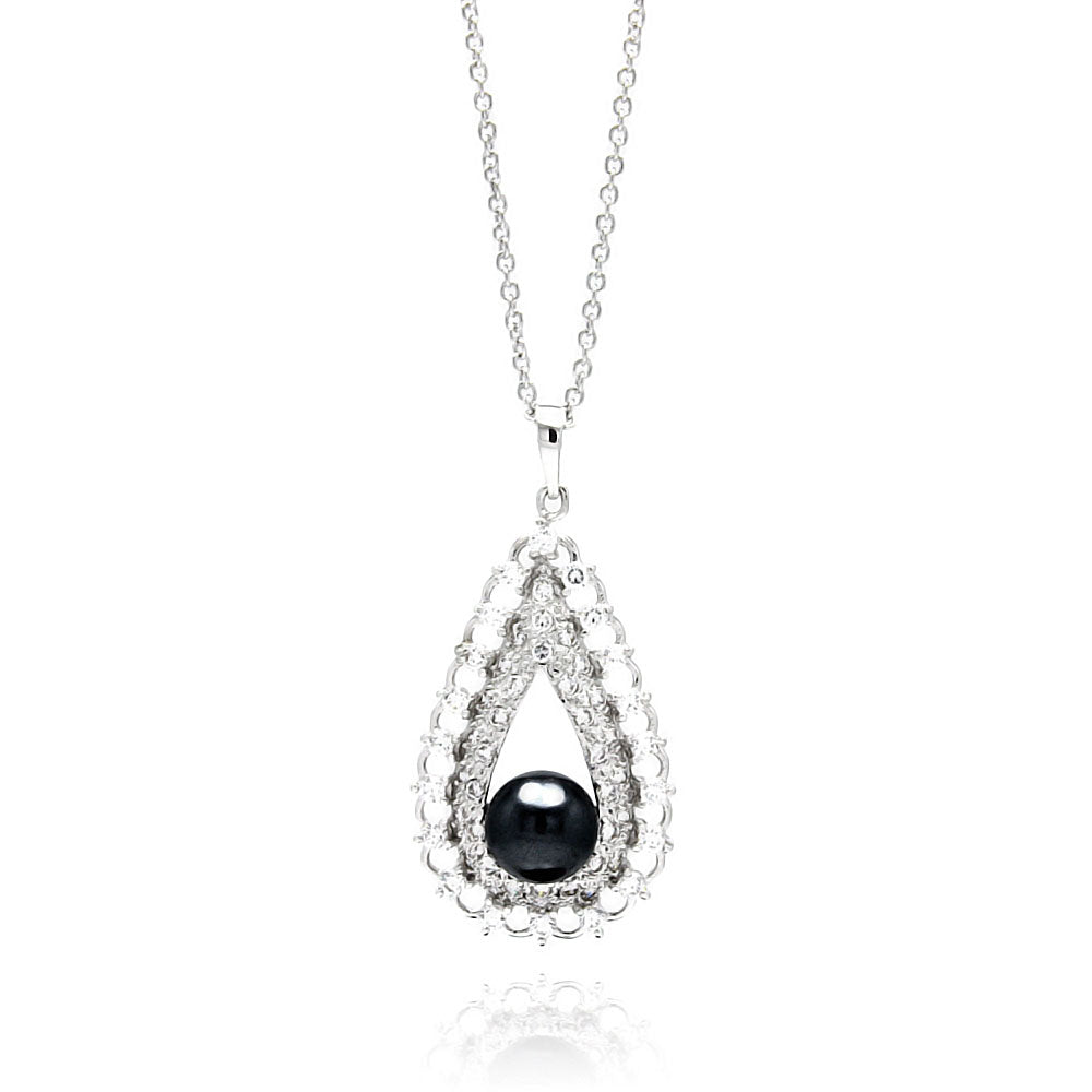 Brass Black Cubic Zirconia Pearl Pendant Necklace 16