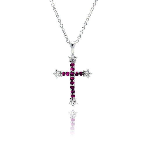 .925 Sterling Silver Ruby Cubic Zirconia Cross Pendant Necklace 18 Inches