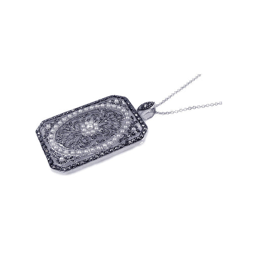 Sterling Silver Marcasite Pearl Rhodium Plated Octagonal Pendant Necklace