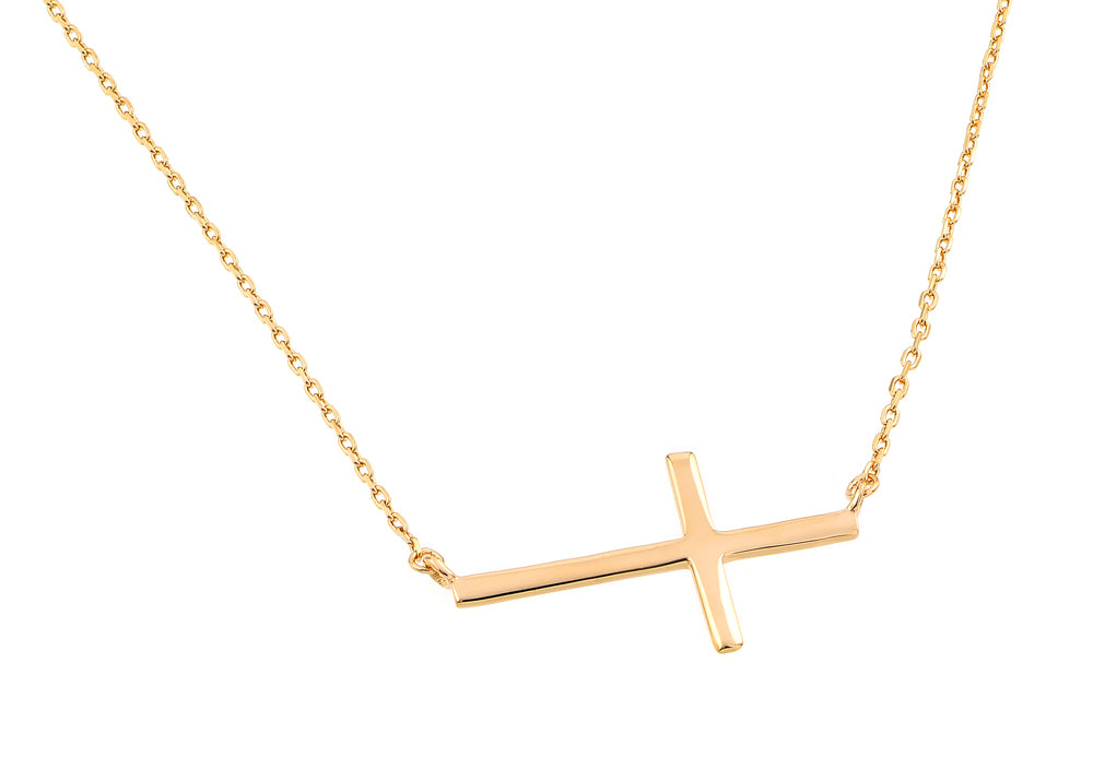 18k Gold Over Sterling Silver Sideway Cross Necklace /Pendant W/Adjustable Chain