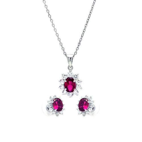Red Cubic Zirconia CZ .925 Sterling Silver Necklace Pendant Earrings Jewelry Set