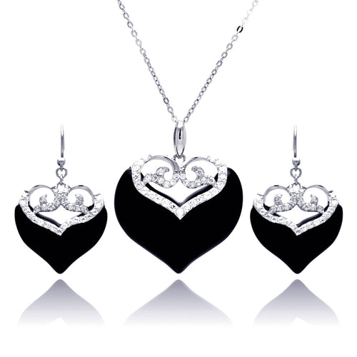 Onyx Cubic Zirconia CZ .925 Sterling Silver Heart Necklace Pendant Earrings Jewelry Set 567-bgs00219