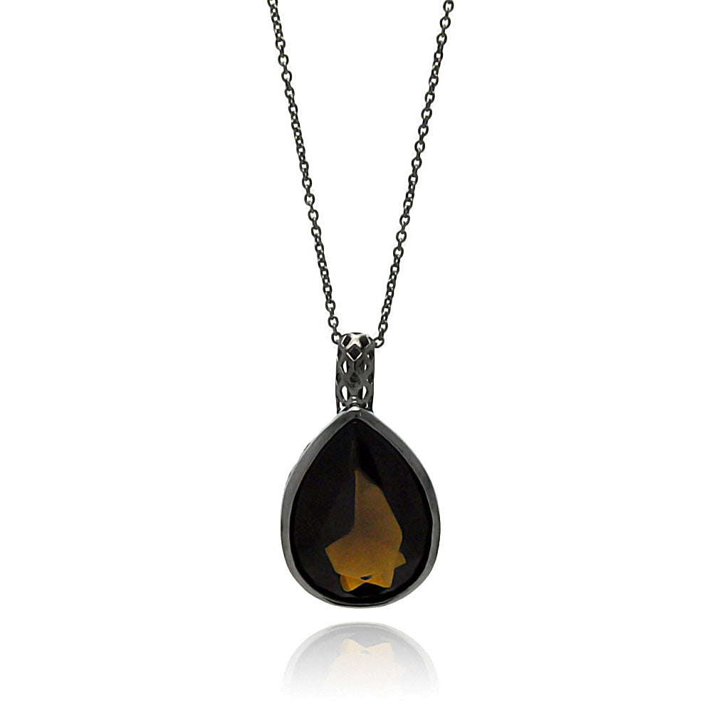 Brass Brown Topaz Teardrop Center Stones Black Rhodium Plated Necklace