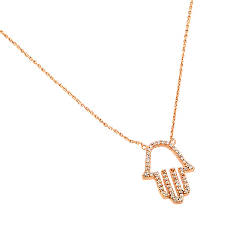 Sterling Silver Rose Gold Plated Cubic Zirconia Hamsa Pendant Necklace Jewelry