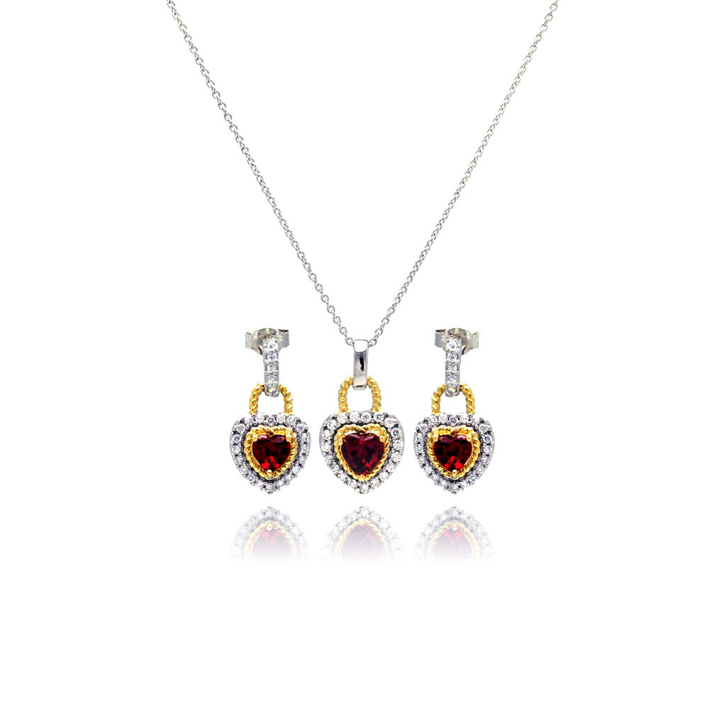 Red Ruby CZ .925 Sterling Silver Heart Necklace Pendant Earrings Jewelry Set 18 Inch