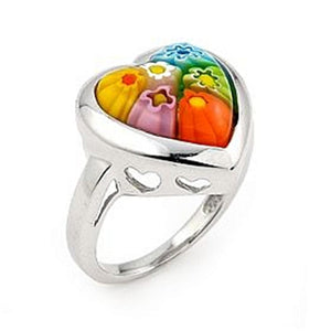 925 Sterling Silver Millefiori Multi Color Heart Ring