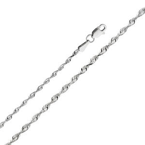 14K White Gold 2mm Diamond-Cut Solid Rope Chain Necklace with Lobster Claw Clasp