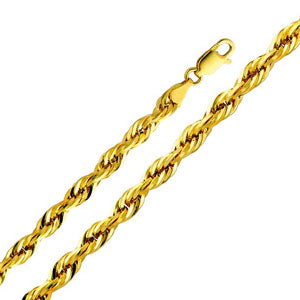 14K Yellow Gold 5mm Diamond-Cut Hollow Rope Chain Necklace with Lobster Claw Clasp