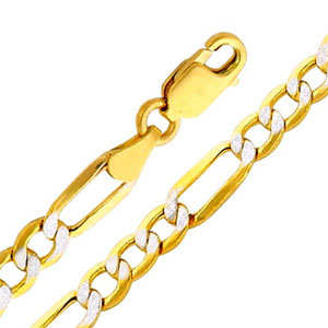 14K Yellow Gold White Pave 4.4mm Hollow Figaro 3+1 Chain Necklace with Lobster Claw