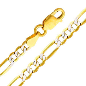 14K Yellow Gold White Pave 3.5mm Hollow Figaro 3+1 Chain Necklace with Lobster Claw