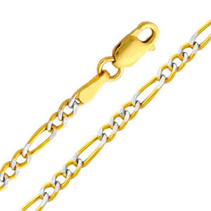 14K Yellow Gold White Pave 2.6mm Hollow Figaro 3+1 Chain Necklace with Lobster Claw